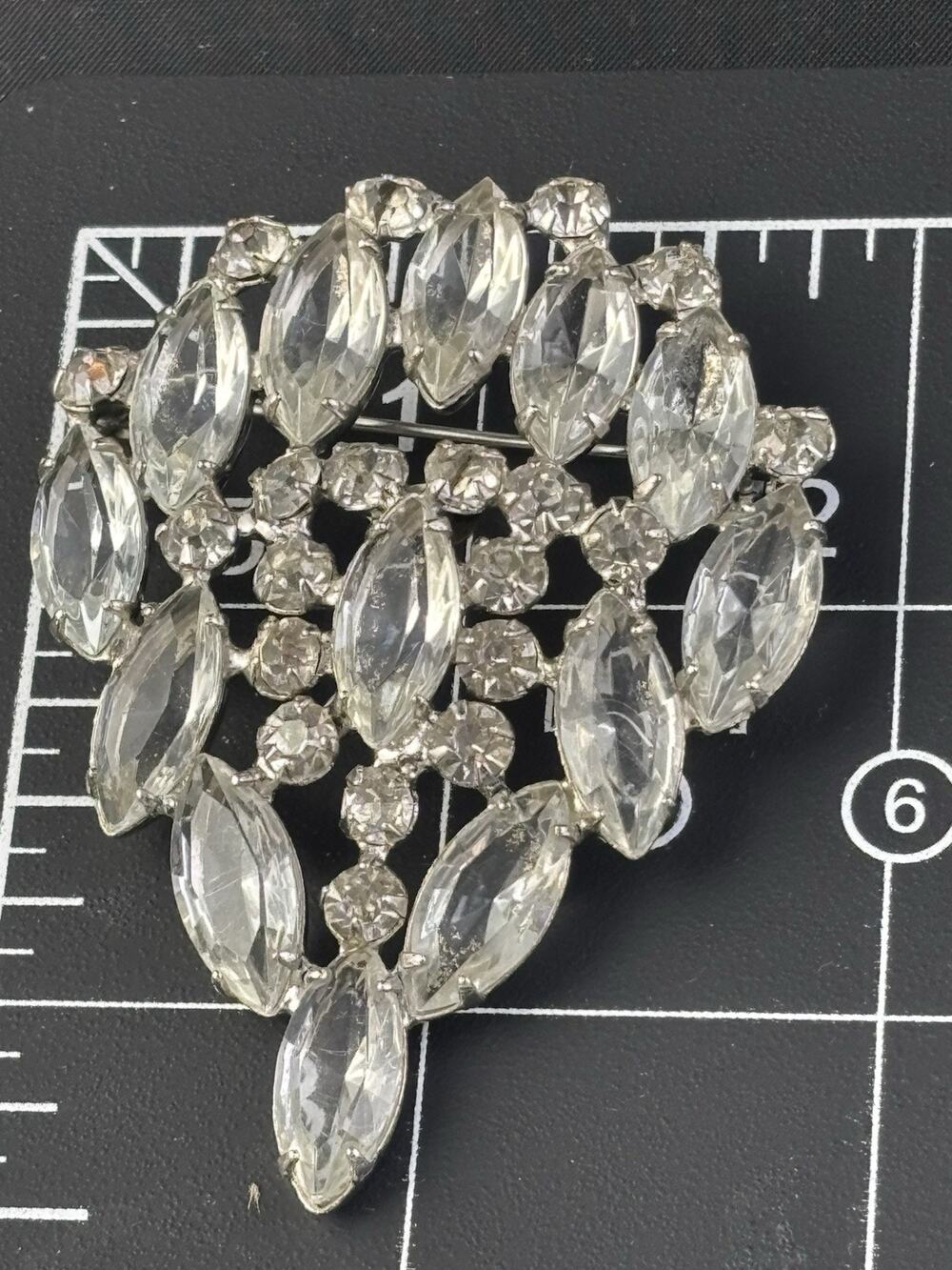 Vintage 1950’s Royal Pittsburgh Brooch 3.5 Inch Leaf Marquise Round Rhinestones